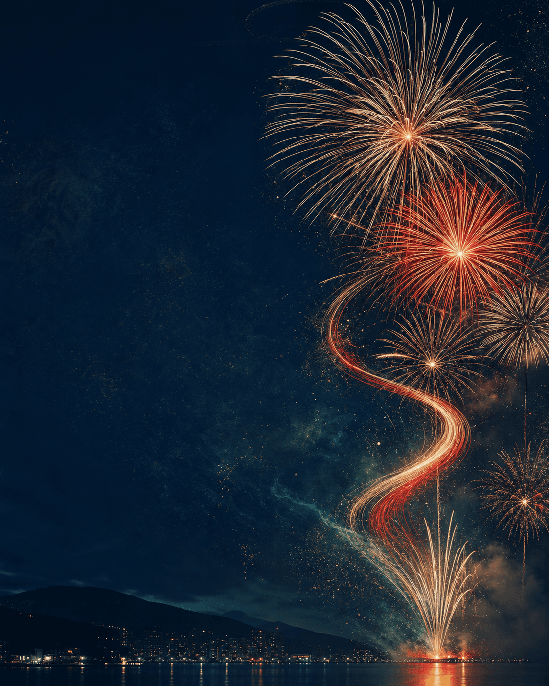 Elegant fireworks over the Yugawara coast at night.