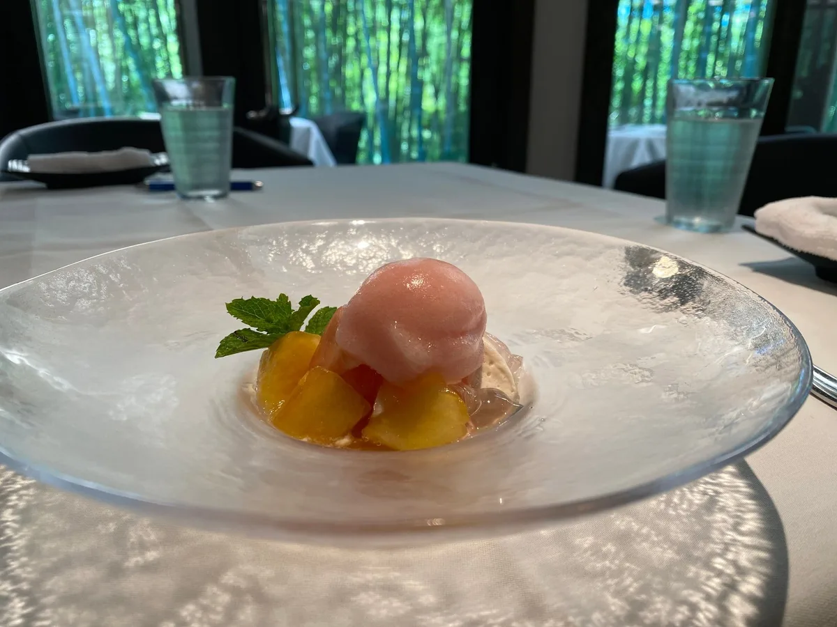 Pink dessert with fruit at Herlequin Bis
