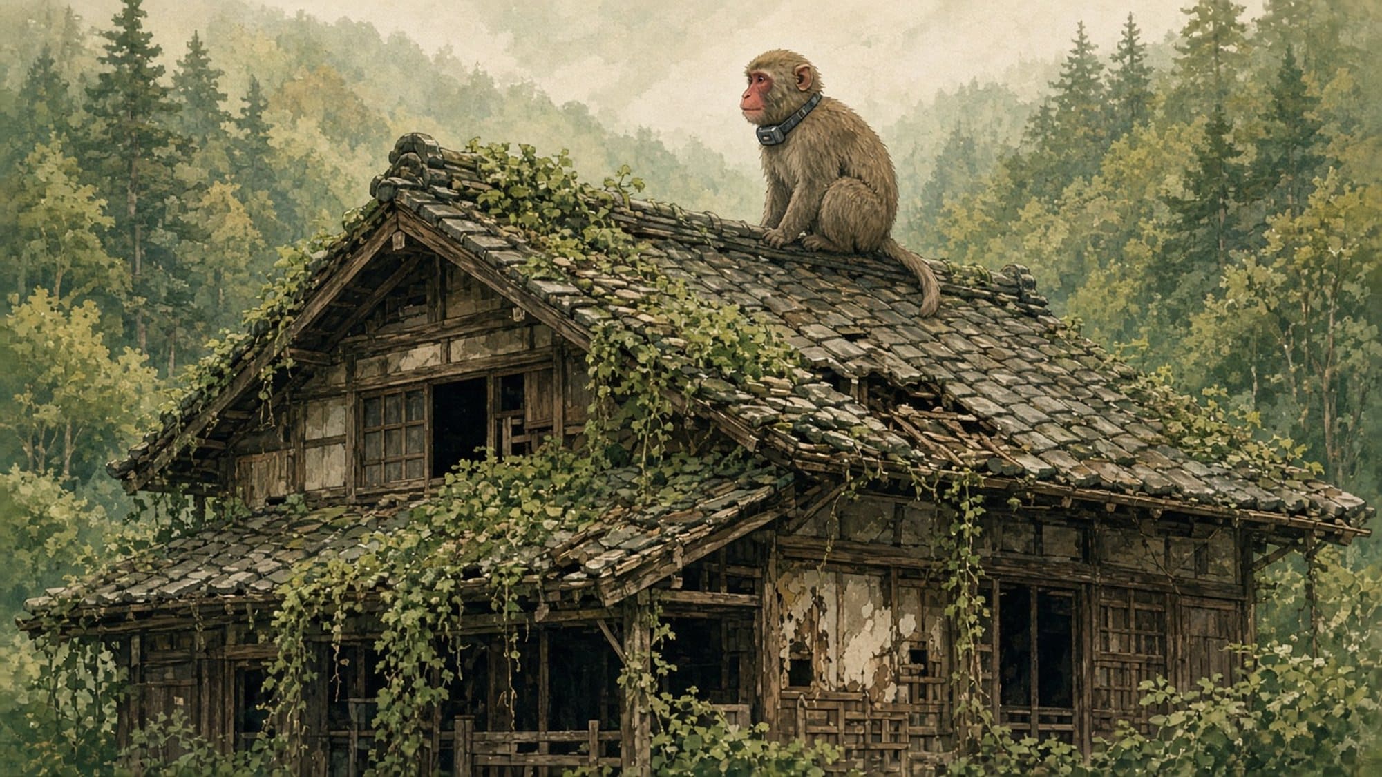 ツタに覆われた空き家の屋根に座る、GPS首輪をつけたサルのイラスト