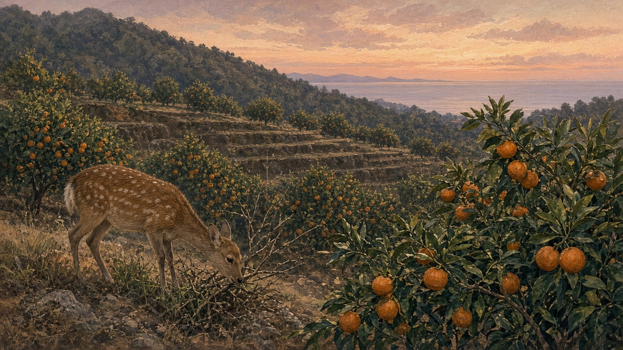 夕暮れの段々みかん畑のそばで草木を食べるシカのイラスト