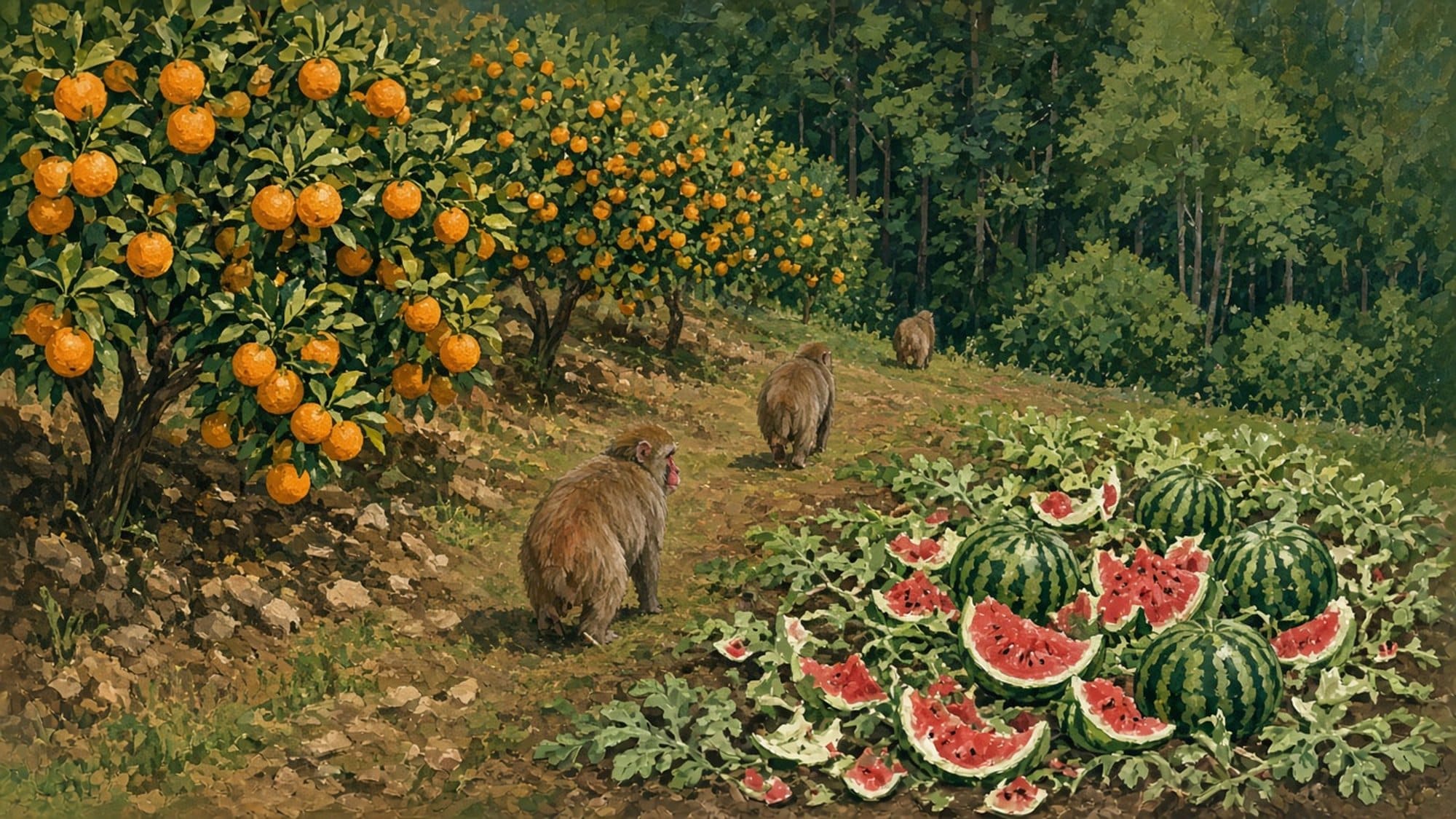 食べかけの果実が散らばるみかん畑とスイカ畑、森へ戻っていくサルたちのイラスト