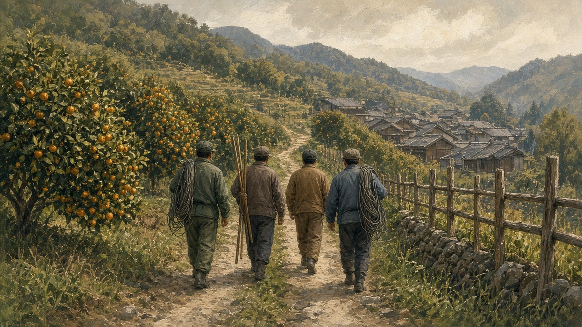 みかんの木と柵の間の道を、わなのワイヤーと杭を持って歩く匿名のボランティア4人の後ろ姿のイラスト