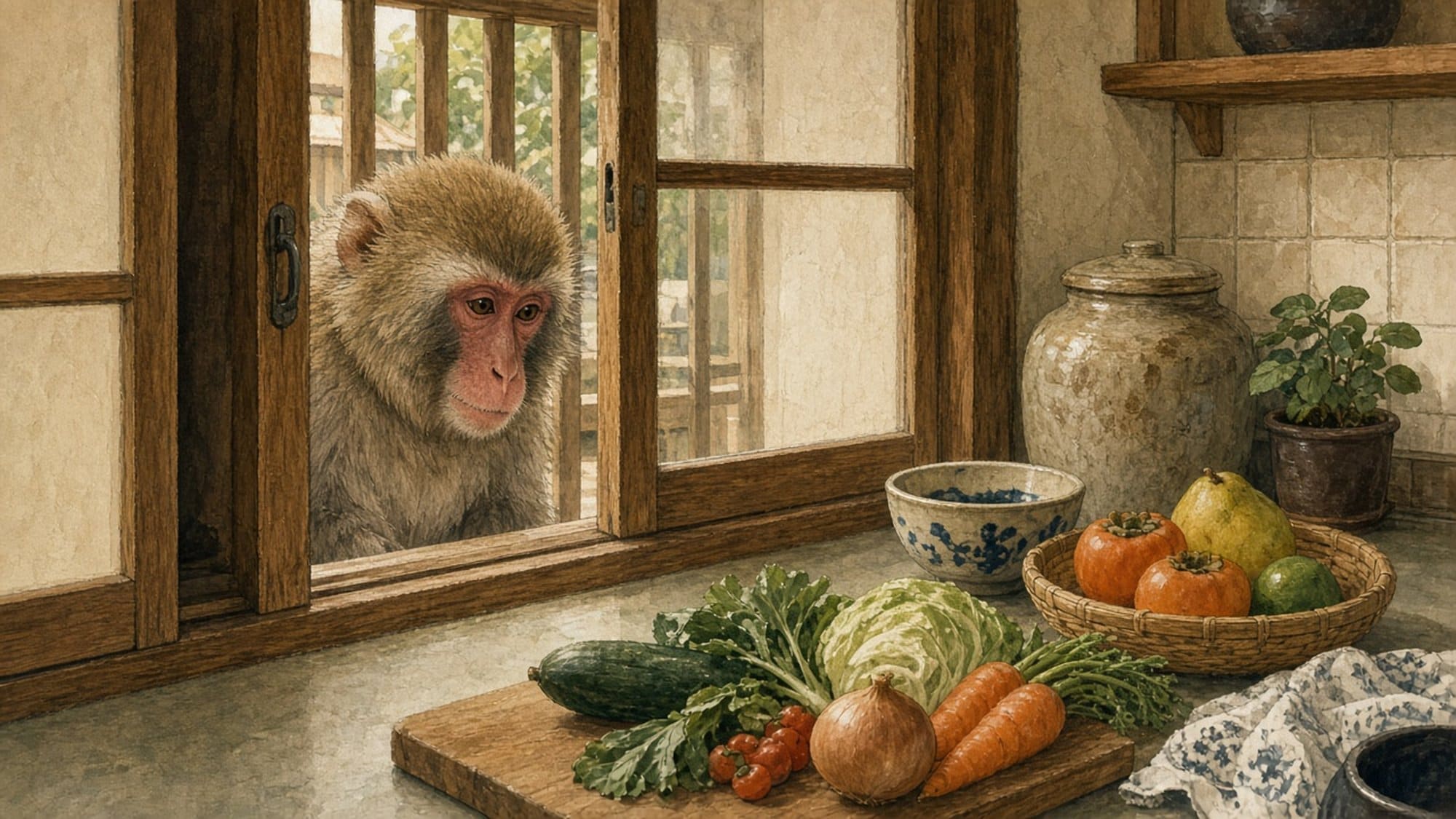 引き戸の窓から野菜の並ぶ台所をのぞき込むサルのイラスト