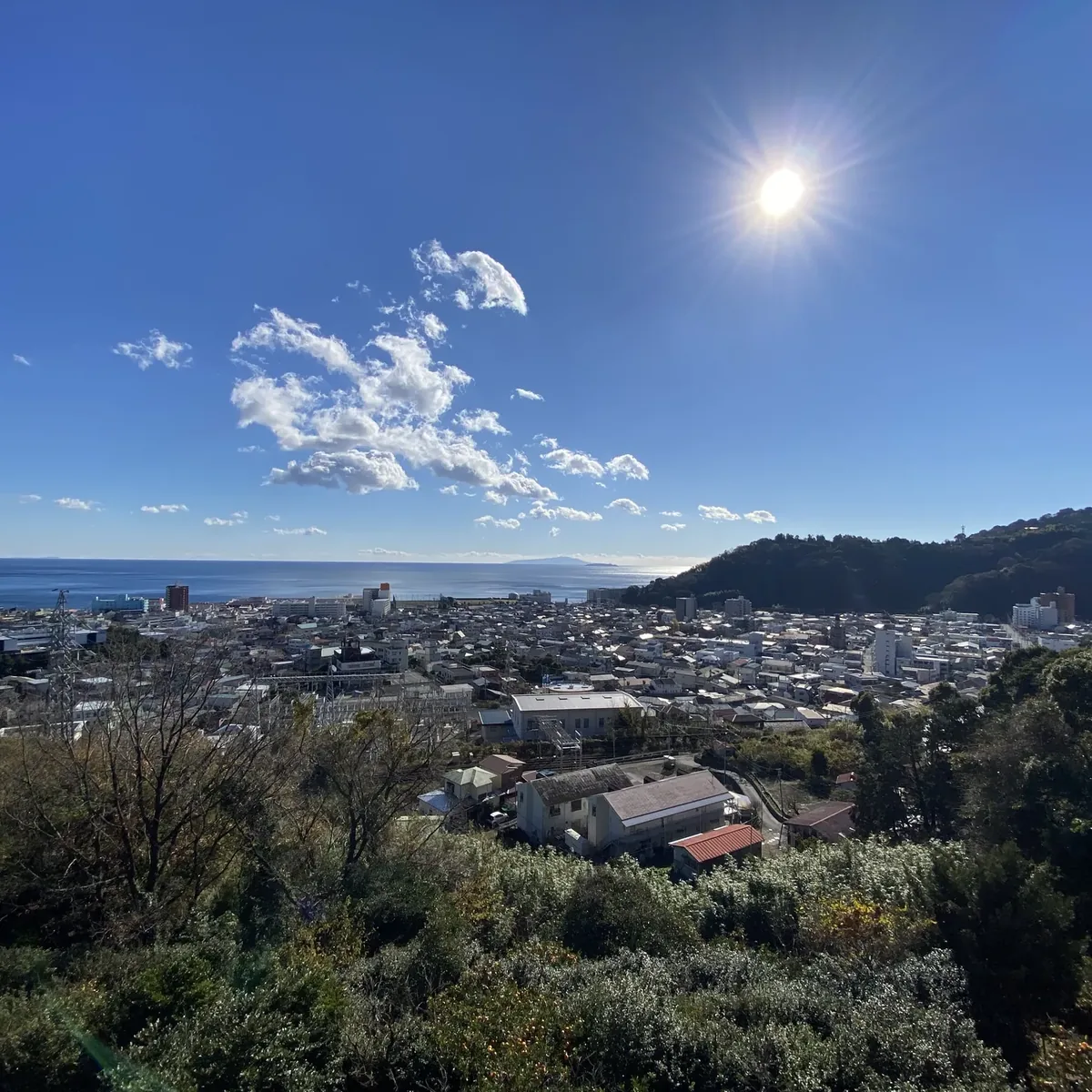 晴れた日の湯河原。緑の山々に囲まれた町の先に相模湾が見える