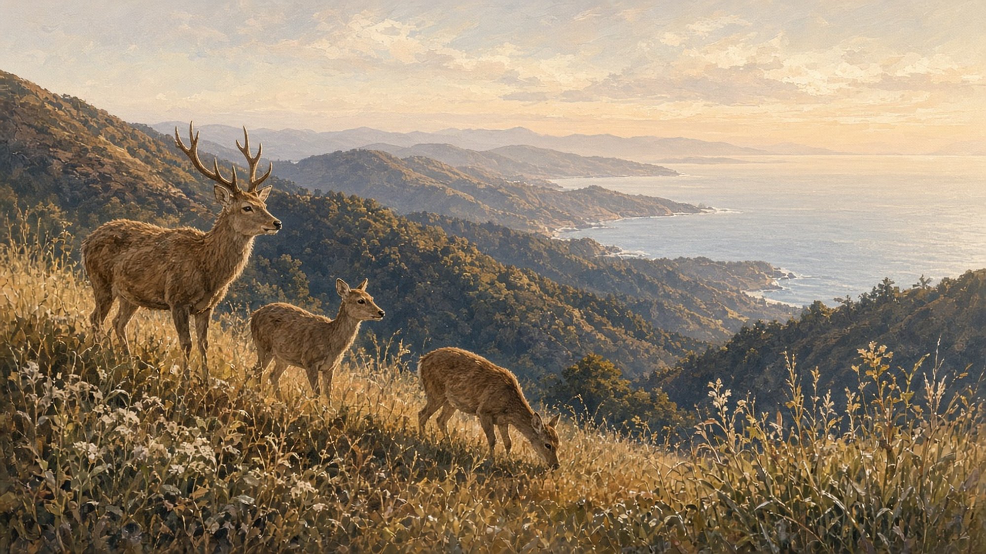 森の山並みと海岸を見下ろす草地の斜面にいる雄ジカと雌ジカ2頭のイラスト