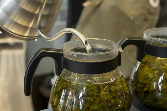 ガラスポットで開く茶葉